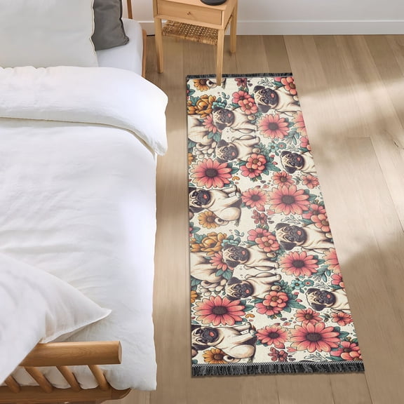 Pugs Dog and Flowers Runner Area Rug 2x6 Soft Non-Slip Washable Bedside Carpet for Hallway Bedroom Living Room Home Decor