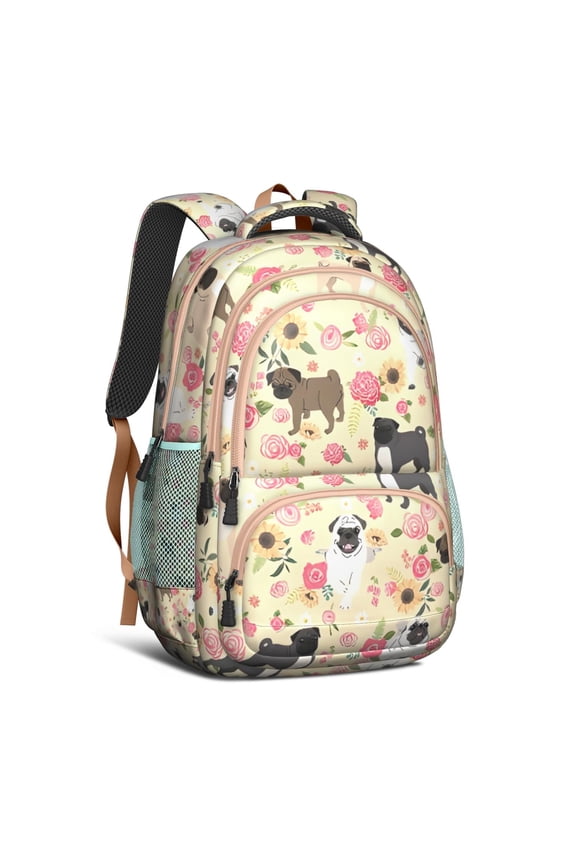 Pugs and Flowers Backpack for School,Cute School Bag,Schoolbag with Adjustable Shoulder Straps & Padded Back,16.9 Inch