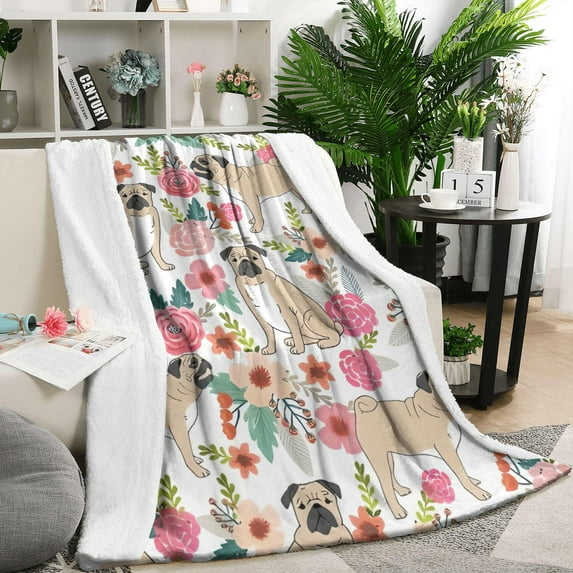 Pugs and Flowers Blanket,Comfortable Soft Flannel Throw Blanket,All Season,Warm Lightweight Blankets for Sofa Bed Couch Living Room Chair,50"x60"(130x150cm)