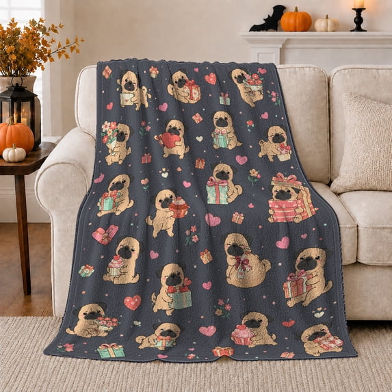 Pugs with Hearts Presents and Cute Outfits, Cheerful Graphic Style for Dog Lovers, Party Puppy Pattern and Birthday Gift, Cozy Flannel Blanket for Playroom and Bedroom, Home Decor
