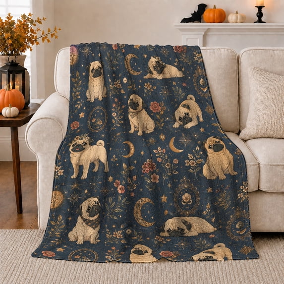 Pugs with Moon Stars and Floral Vines, Mystical Graphic Style for Dog Lovers, Celestial Puppy Pattern and Birthday Gift, Cozy Flannel Blanket for Bedroom and Study Room, Home Decor