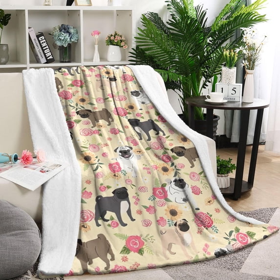 Pugs and Pioneer Flower Blanket,Comfortable Soft Lamb Wool Throw Blanket,All Season,Warm Lightweight Blankets for Sofa Bed Couch Living Room Chair,40"x50"