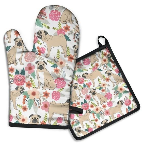 Pugs and Flowers Kitchen Oven Mitt and Pot Holder Sets 2 Pcs for Baking, Cooking and Grilling, Heat Resistant Up To 392 °F