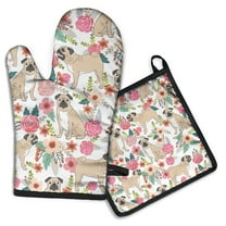 Pugs and Flowers Kitchen Oven Mitt and Pot Holder Sets 2 Pcs for Baking, Cooking and Grilling, Heat Resistant Up To 392 °F