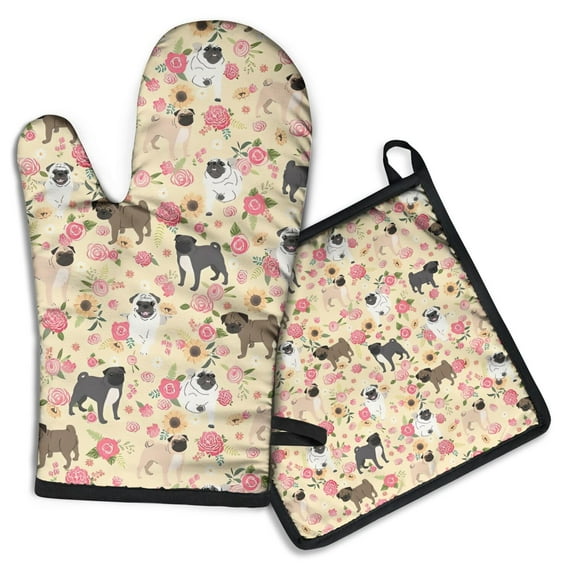 Pugs and Flowers Kitchen Oven Mitt and Pot Holder Sets 2 Pcs for Baking, Cooking and Grilling, Heat Resistant Up To 392 °F