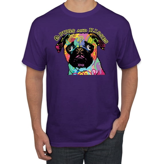 Pugs and Kisses Cute Dog Neon Rainbow Pug Dog Lover Men's Graphic T-Shirt, Purple, 5XL