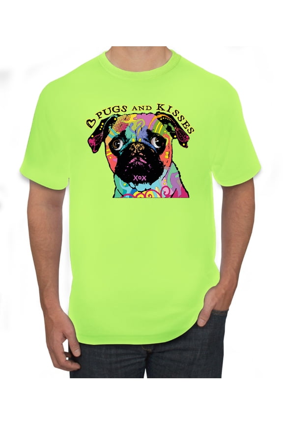 Pugs and Kisses Cute Dog Neon Rainbow Pug Dog Lover Men's Graphic T-Shirt, Safety Green, Small