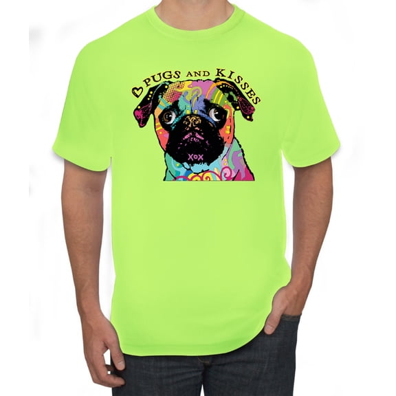 Pugs and Kisses Cute Dog Neon Rainbow Pug Dog Lover Men's Graphic T-Shirt, Safety Green, Small