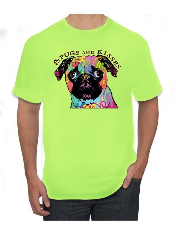 Pugs and Kisses Cute Dog Neon Rainbow Pug Dog Lover Men's Graphic T-Shirt, Safety Green, Small