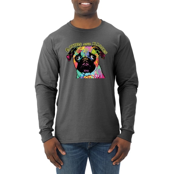 Pugs and Kisses Cute Dog Neon Rainbow Pug Dog Lover Mens Long Sleeve Shirt, Heather Black, Large