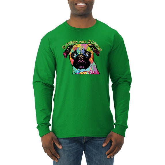 Pugs and Kisses Cute Dog Neon Rainbow Pug Dog Lover Mens Long Sleeve Shirt, Kelly, 2XL