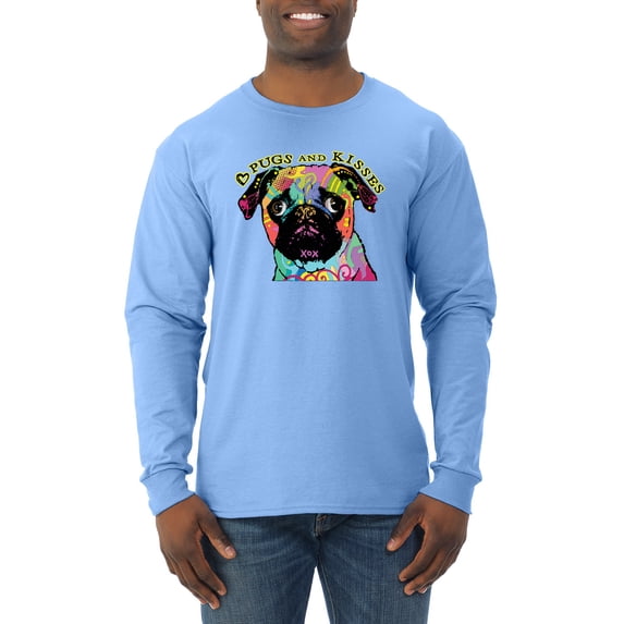 Pugs and Kisses Cute Dog Neon Rainbow Pug Dog Lover Mens Long Sleeve Shirt, Light Blue, 2XL