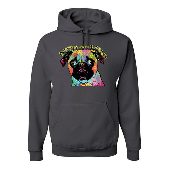 Pugs and Kisses Cute Dog Neon Rainbow Pug Dog Lover Unisex Graphic Hoodie Sweatshirt, Charcoal, Large