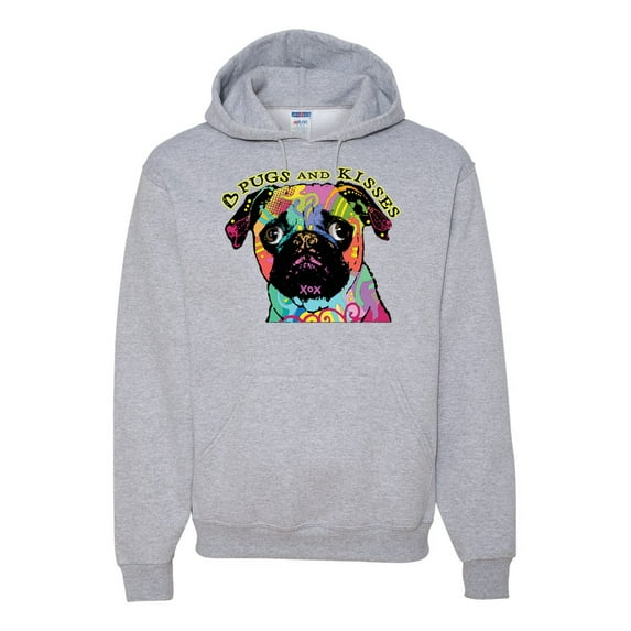 Pugs and Kisses Cute Dog Neon Rainbow Pug Dog Lover Unisex Graphic Hoodie Sweatshirt, Heather Grey, Small