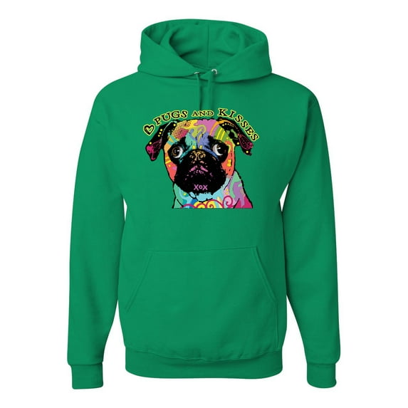 Pugs and Kisses Cute Dog Neon Rainbow Pug Dog Lover Unisex Graphic Hoodie Sweatshirt, Kelly, Medium