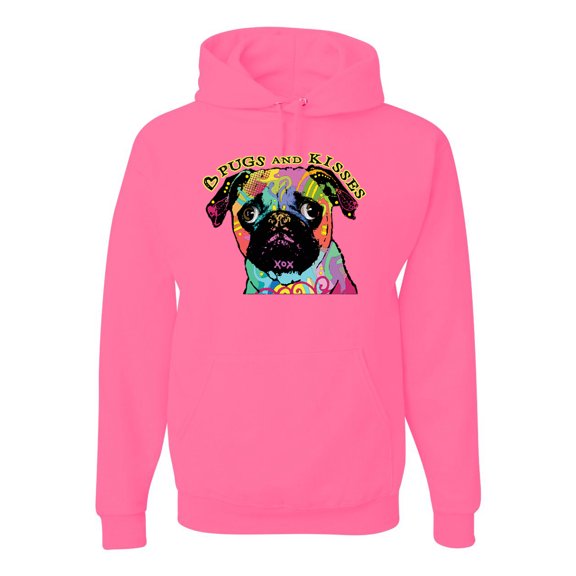 Pugs and Kisses Cute Dog Neon Rainbow Pug Dog Lover Unisex Graphic Hoodie Sweatshirt, Neon Pink, 2XL