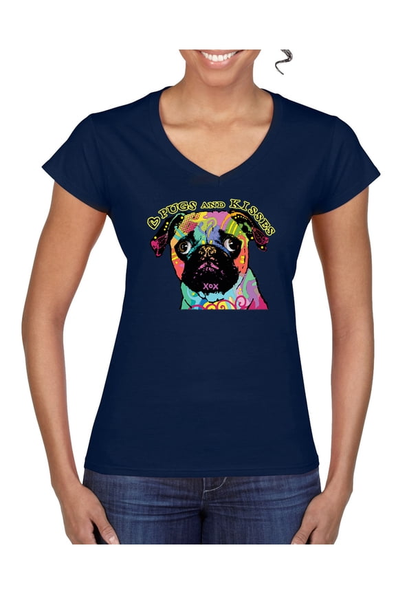 Pugs and Kisses Cute Dog Neon Rainbow Pug Dog Lover Women’s Standard V-Neck Tee, Navy, Large