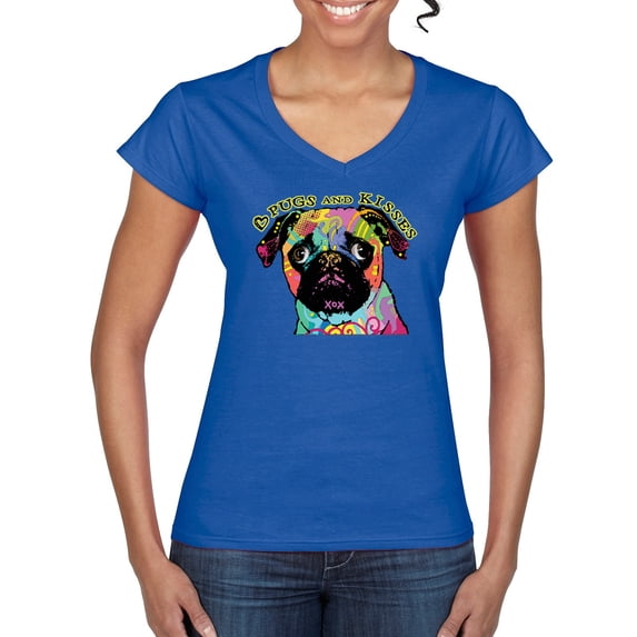 Pugs and Kisses Cute Dog Neon Rainbow Pug Dog Lover Women’s Standard V-Neck Tee, Royal, Large