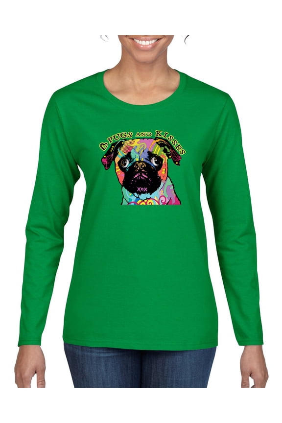 Pugs and Kisses Cute Dog Neon Rainbow Pug Dog Lover Womens Graphic Long Sleeve T-Shirt, Kelly, Small