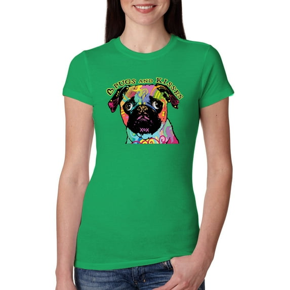 Pugs and Kisses Cute Dog Neon Rainbow Pug Dog Lover Womens Slim Fit Junior Tee, Kelly, X-Large