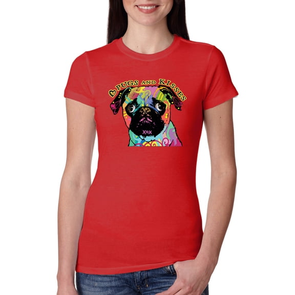 Pugs and Kisses Cute Dog Neon Rainbow Pug Dog Lover Womens Slim Fit Junior Tee, Red, Small
