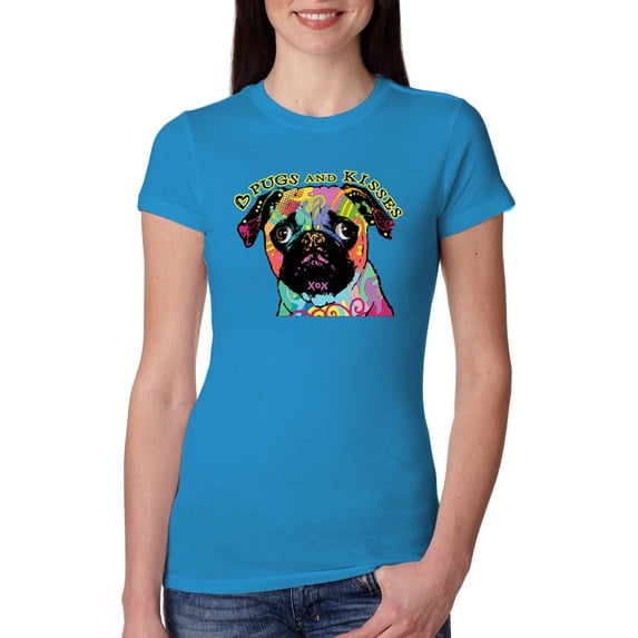 Pugs and Kisses Cute Dog Neon Rainbow Pug Dog Lover Womens Slim Fit Junior Tee, Turquoise, Medium
