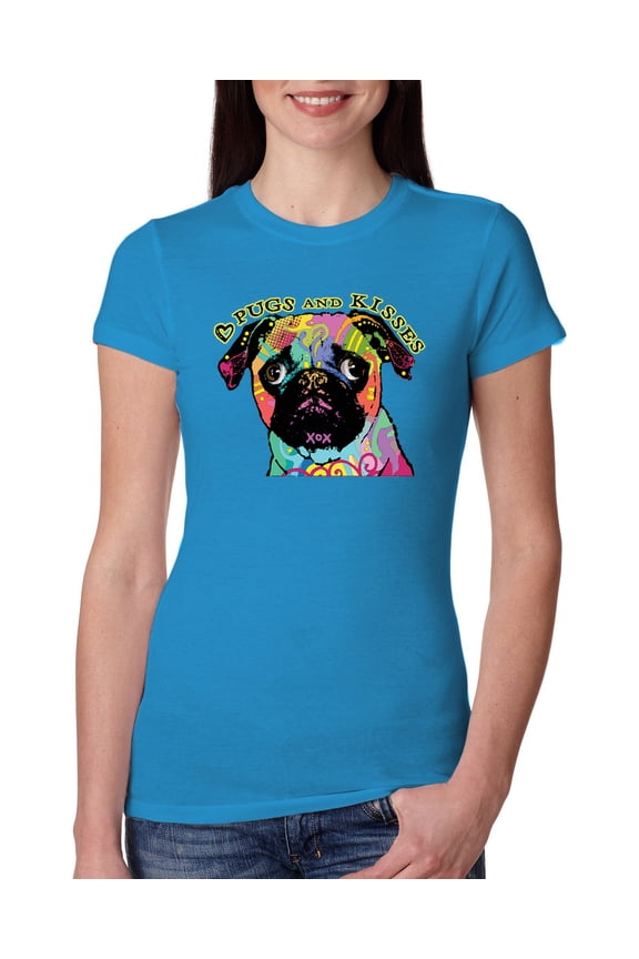 Pugs and Kisses Cute Dog Neon Rainbow Pug Dog Lover Womens Slim Fit Junior Tee, Turquoise, Small