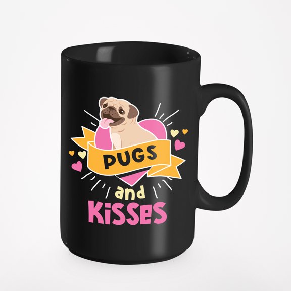 Pugs and Kisses feat. a Cute Pug, Black 15oz Ceramic Mug