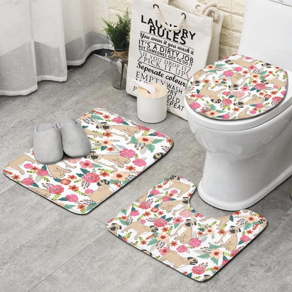 Pugs and Pioneer Flower Bathroom Rugs Sets 3 Piece,Toilet Cover Set,Absorbent Non Slip Bathroom Mats Sets with U-Shaped Contour Rug Toilet Rug Set
