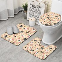 Pugs and Pioneer Flower Bathroom Rugs Sets 3 Piece,Toilet Cover Set,Absorbent Non Slip Bathroom Mats Sets with U-Shaped Contour Rug Toilet Rug Set