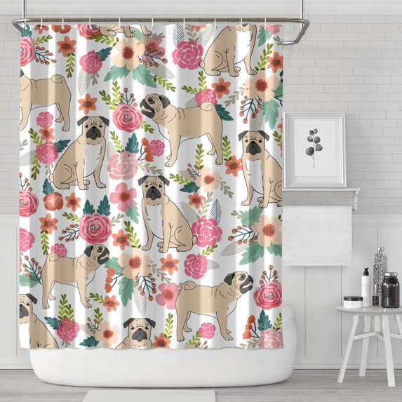 Pugs and Pioneer Flower Shower Curtain 72"x84" ,Bathroom Decorative Shower Curtains Set with 12 Hooks,Modern Waterproof Washable Shower Curtain