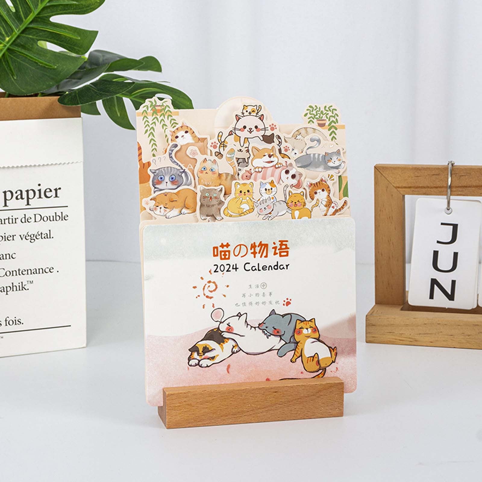 Puhuiying 2024 Wooden Frame Desk Calendar with Cute Meow's Story Design,Removable Monthly Pages