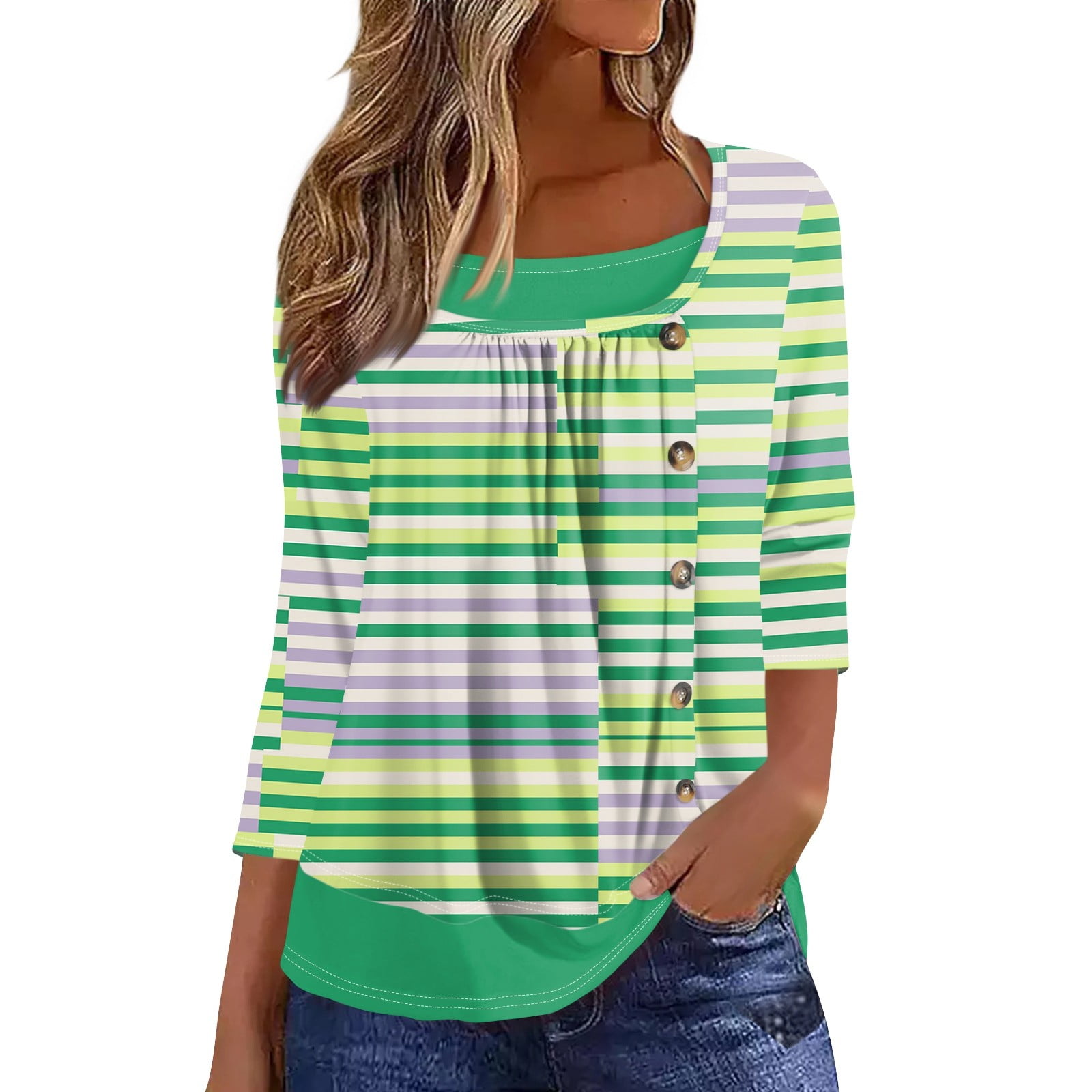 PuiVbz Square Neck Tops for Women Retro Striped Color Block Print