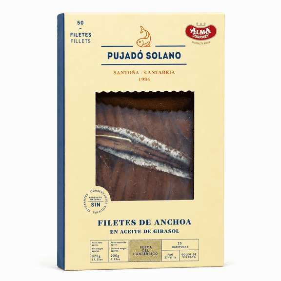 Pujad Solano Cantabrian Anchovy Fillets in Sunflower Oil, Premium Hand-Prepared Spanish Tinned Seafood, Imported from Spain, 11.46 oz (325 g)