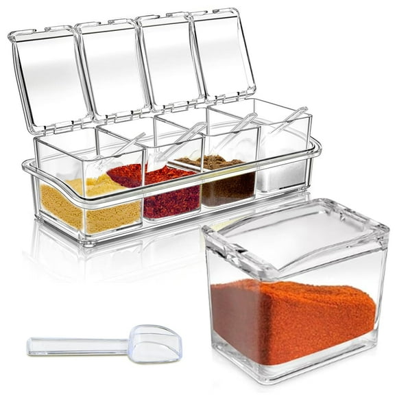 Pujito 4-Cell Clear Seasoning Rack Spice Box Storage Container Condiment Jars Acrylic Seasoning Box with Cover and Spoon