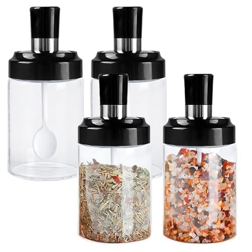 Pujito Set of 4 Condiment Container Seasoning Box,Spice Jars Spoon Salt Sugar Glass Transparent Storage Pots