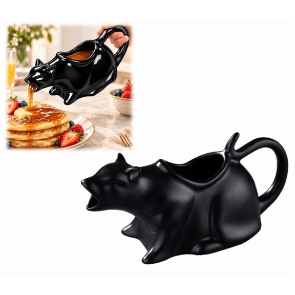 Puking Cat Gravy Boat Ceramic Kitty Sauce Pitcher for Gravy and Syrup, Funny Cat Shaped Serving Dish for Kitchen Dining