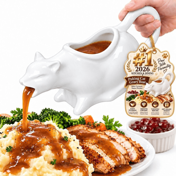 Puking Cat Gravy Boat, Glossy Ceramic Kitty Sauce Pitcher, Multi‑Purpose Serving Jug for Condiment, Syrup & Holiday Party Use White 50ML