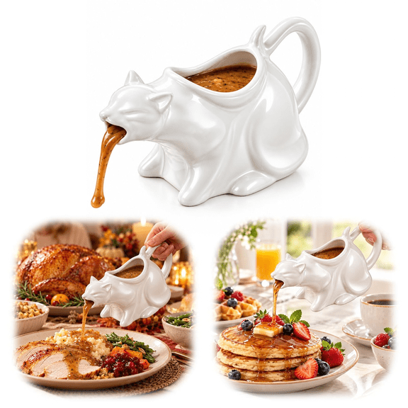 Puking Cat Gravy Boat, Practical Ceramic Kitty Sauce Pitcher, Ergonomic Tail‑Handle Pitcher for Home Kitchen & Dinner‑Party Serving White 50ML