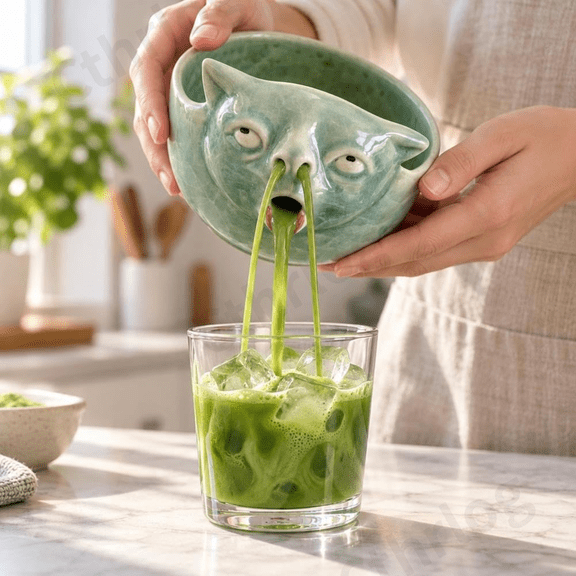 Puking Cat Matcha Bowl, Ceramic Chawan, Funny Cat Face Design for Whisking and Pouring, Unique Gift for Matcha Lovers