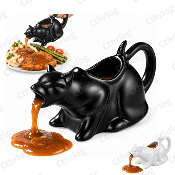 Puking Kitty Gravy Boat, Novelty Cat Shaped Ceramic Sauce Server, 3 Sizes Available in Black & White, Fun Tableware for Thanksgiving Dinner-Black L