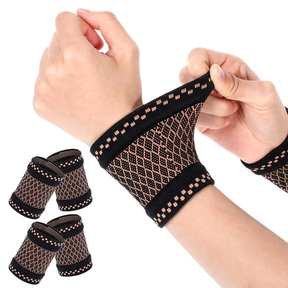 Pukitry 2 Pairs Copper Wrist Compression Brace, Elastic Wrist Support Compression Sleeve Wrist Brace for Weightlifting Fitness Yoga Workout Arthritis Sprains Tendonitis Carpal Tunnel Pain Relief (M)
