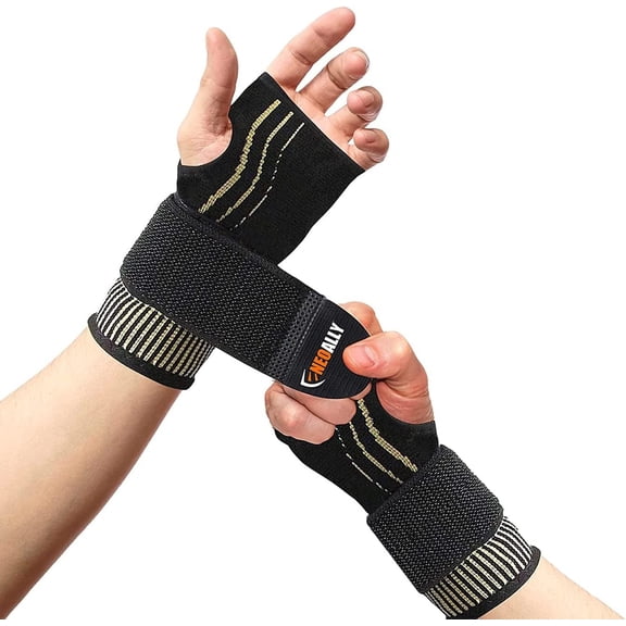 Pukitry Copper Wrist Support for Pain Relief, Adjustable Compression Brace for Carpal Tunnel, Arthritis, Tendonitis, Bursitis and Wrist Sprain, Medium PairMBlack/Yellow