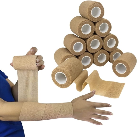 Pukitry Self Adhesive Bandage Wrap 3"x5yds - Cohesive Medical Tape, Elastic Stretch Bandage for Sports Injury, Wound Care, Vet Wrap for Pets - Breathable, Flexible, Easy Tear by Hand, 12 Rolls Beige
