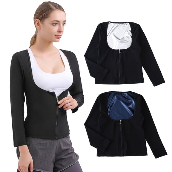 Pukitry Women Sauna Suit Zipper Closure Long Sleeve Weight Loss Slimming Body Shaper Workout Jacket