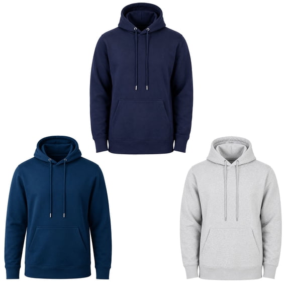 Pukka Blanks Adult Heavyweight 300 GSM Fleece Hoodie Multipack Set, Navy + Harbour Blue + Heather Grey, MD
