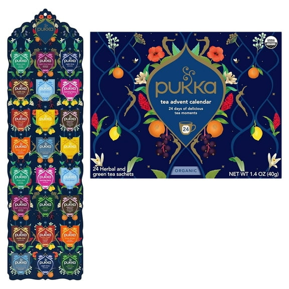 Pukka Fruit & Herbal Tea Advent Calendar, Organic Tea Sampler, Selection of 24 Delightful Fruit & Herbal Infusions, Christmas and Holidays Ideal for Men and Women 100% Organic