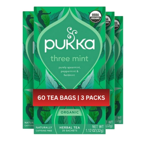 Pukka Herbal Organic Three Mint Tea Bags, 60 Count (20ct - Pack of 3), Caffeine-Free, USDA Organic