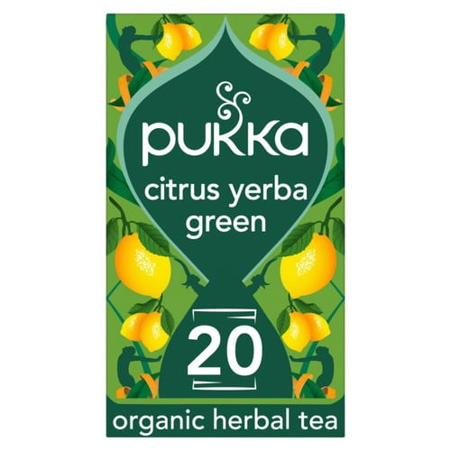 Pukka Herbs Organic Citrus with Yerba Mate Green Tea Bags 20's, British Import (Pack of 3)