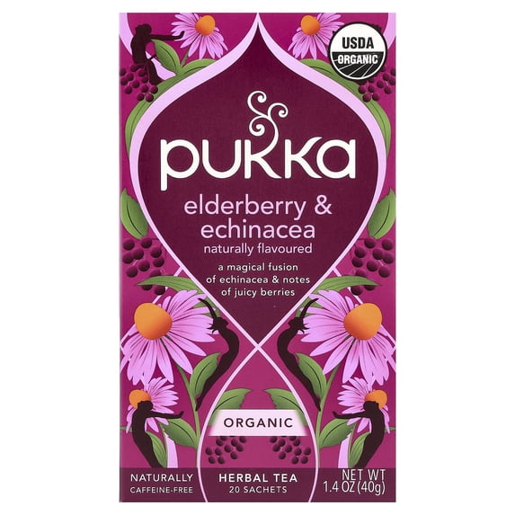 Pukka Organic Herbal Tea, Elderberry Echinacea, Caffeine-Free, Tea Bags 20 Count Box